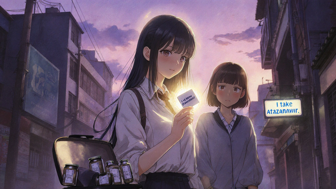 A woman holding an emergency card in a foreign city, with a clinic in the distance and a supportive friend beside her.