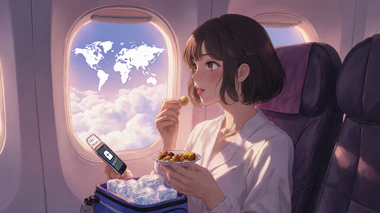 A woman taking her HIV medication on a plane with a snack, sunlight streaming through the window.