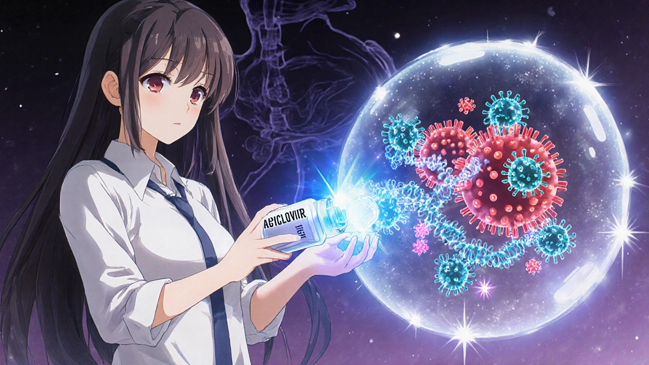 Acyclovir molecules block cartoon virus particles inside a glowing cell.