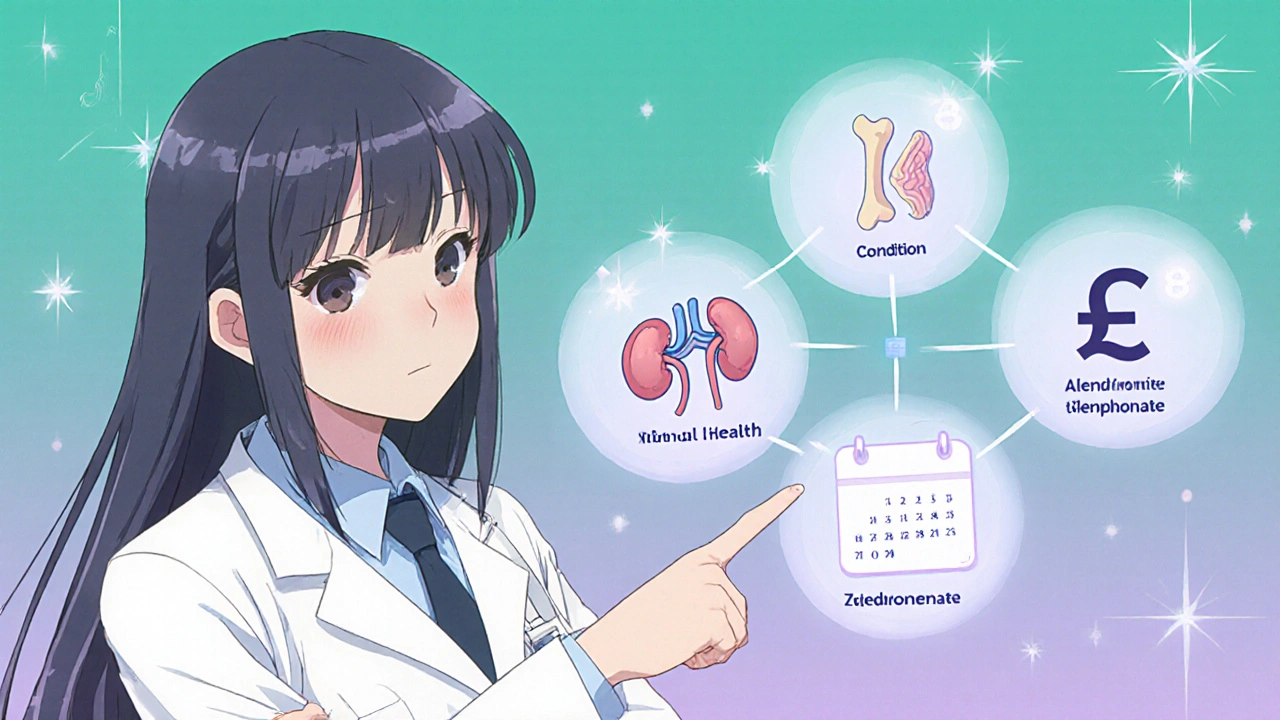 Bishoujo doctor with floating icons showing bone, kidney, schedule, and cost, selecting a bisphosphonate.