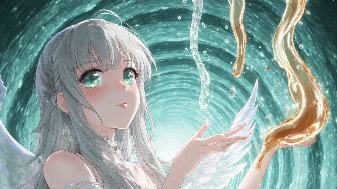 Bishoujo figure guiding glowing mucus through a stylized airway tunnel.
