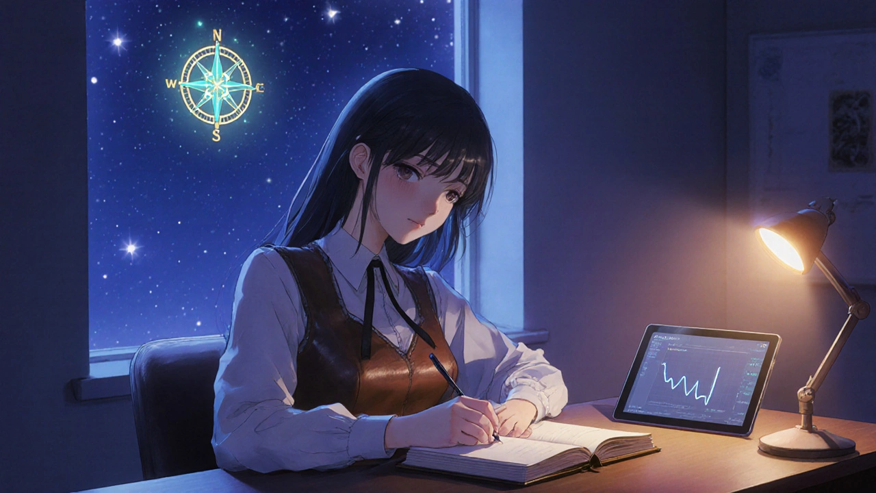 Bishoujo girl journaling, a luminous compass above her abdomen symbolizing intuition.
