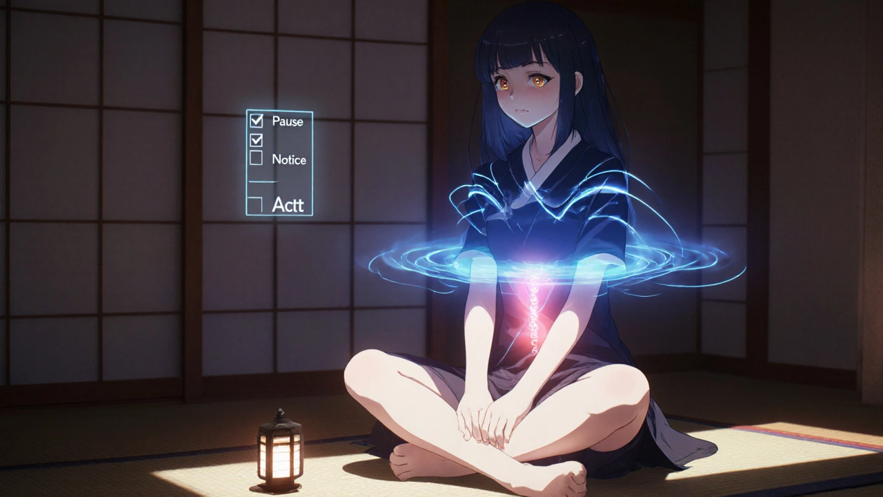 Bishoujo girl sitting, breathing, with glowing aura highlighting her gut and chest.
