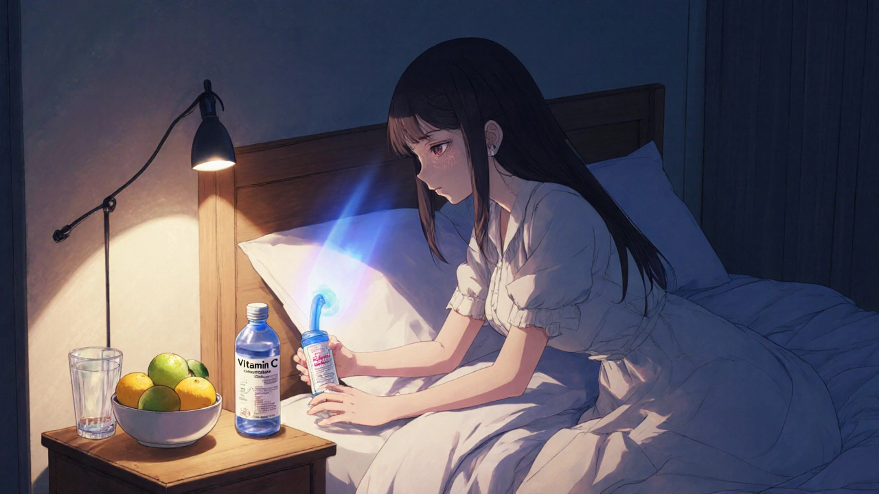 Bishoujo in a bedroom with water, fruits, vitamins and guaifenesin, showing holistic recovery.