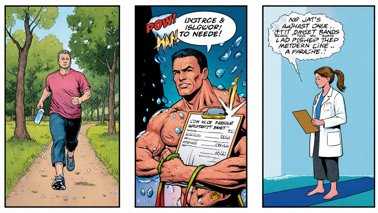 Comic montage of walking, resistance bands, doctor consultation, and yoga for management.