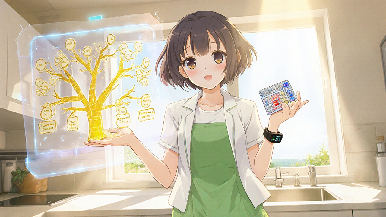 Confident woman holds pill organizer and emergency pack beneath a glowing decision tree.