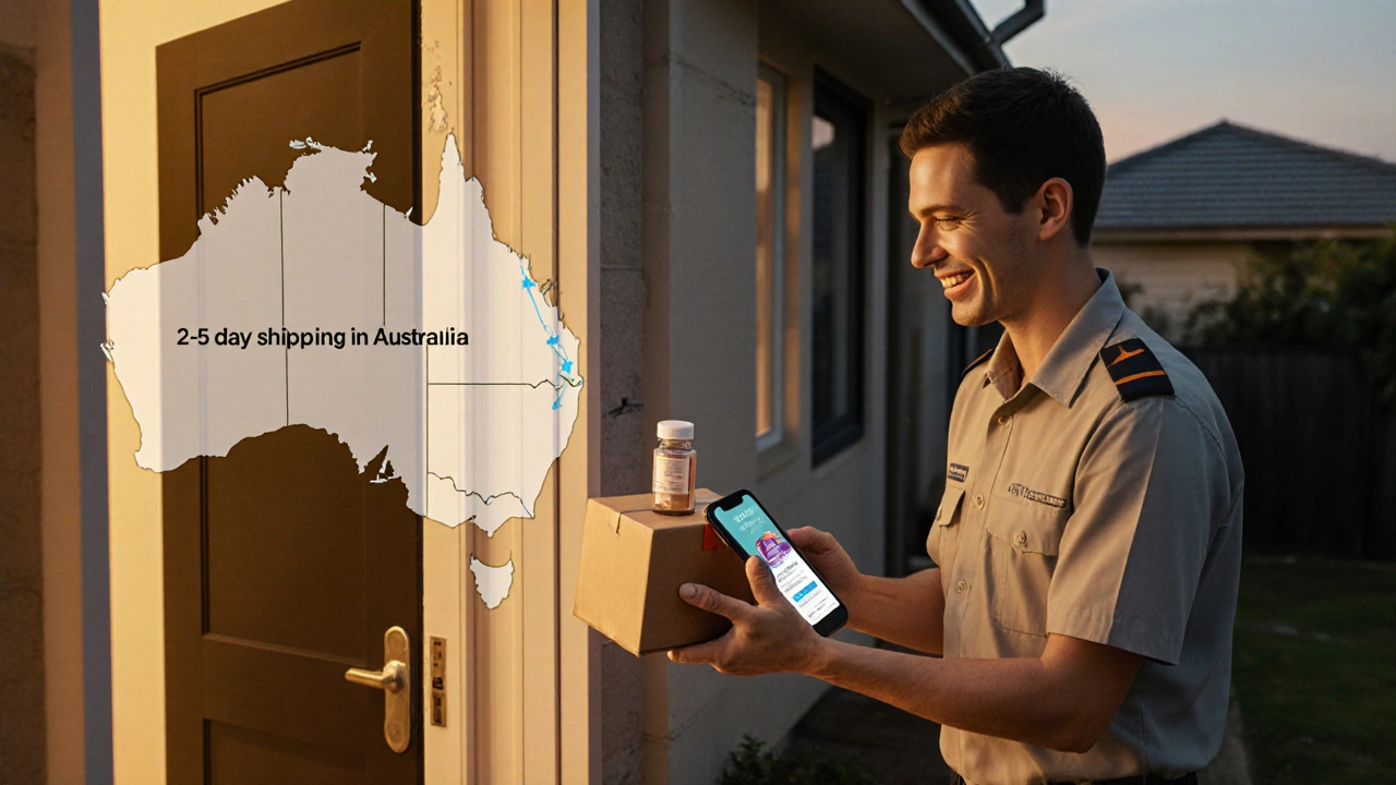 Courier delivering a package of generic medication to a happy recipient.