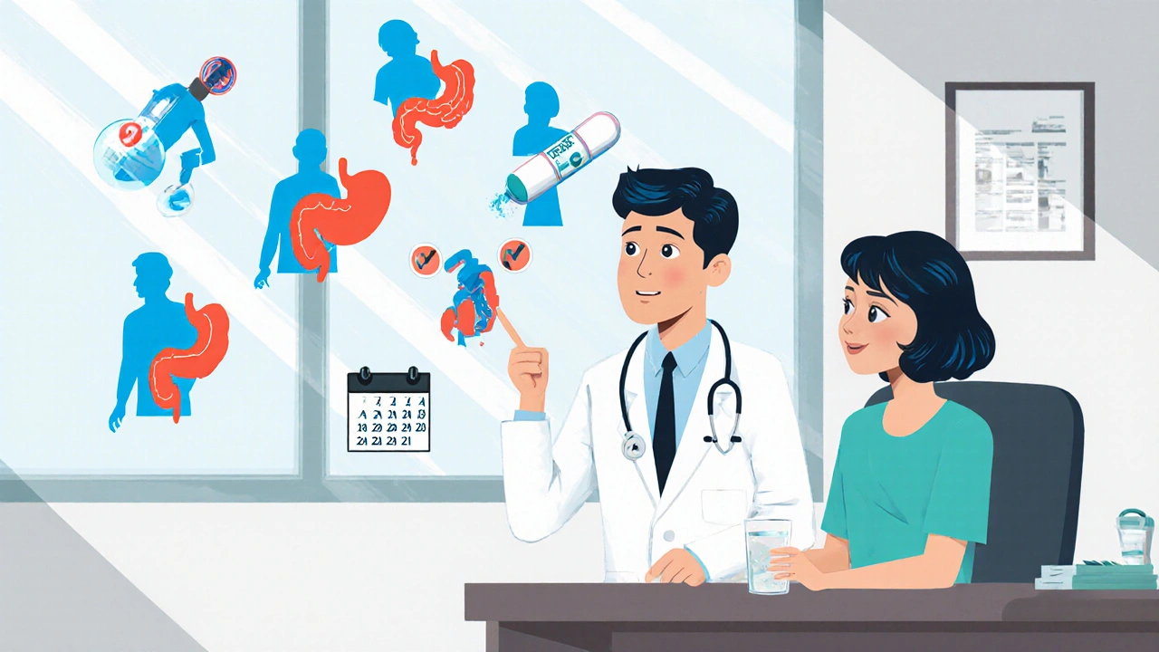 Doctor and patient discussing medication options, with floating pill silhouettes and a calendar.