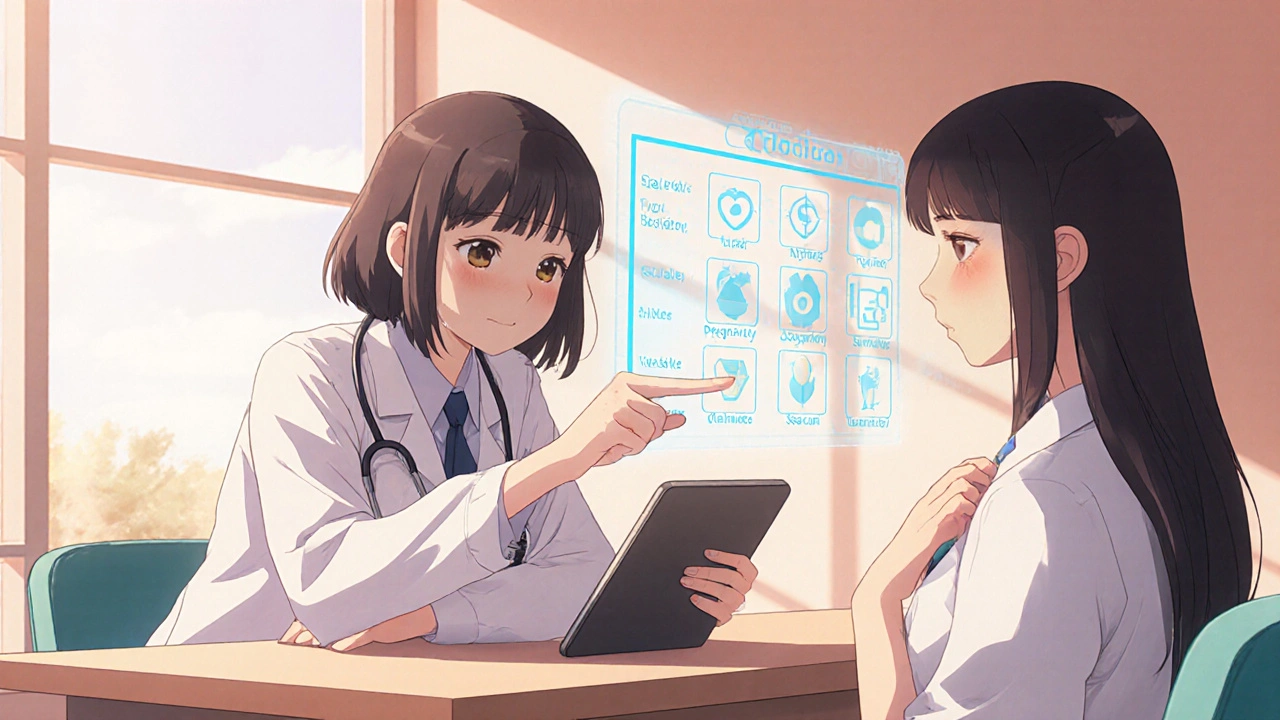 Doctor and patient discussing treatment options with holographic icons in a bright clinic.