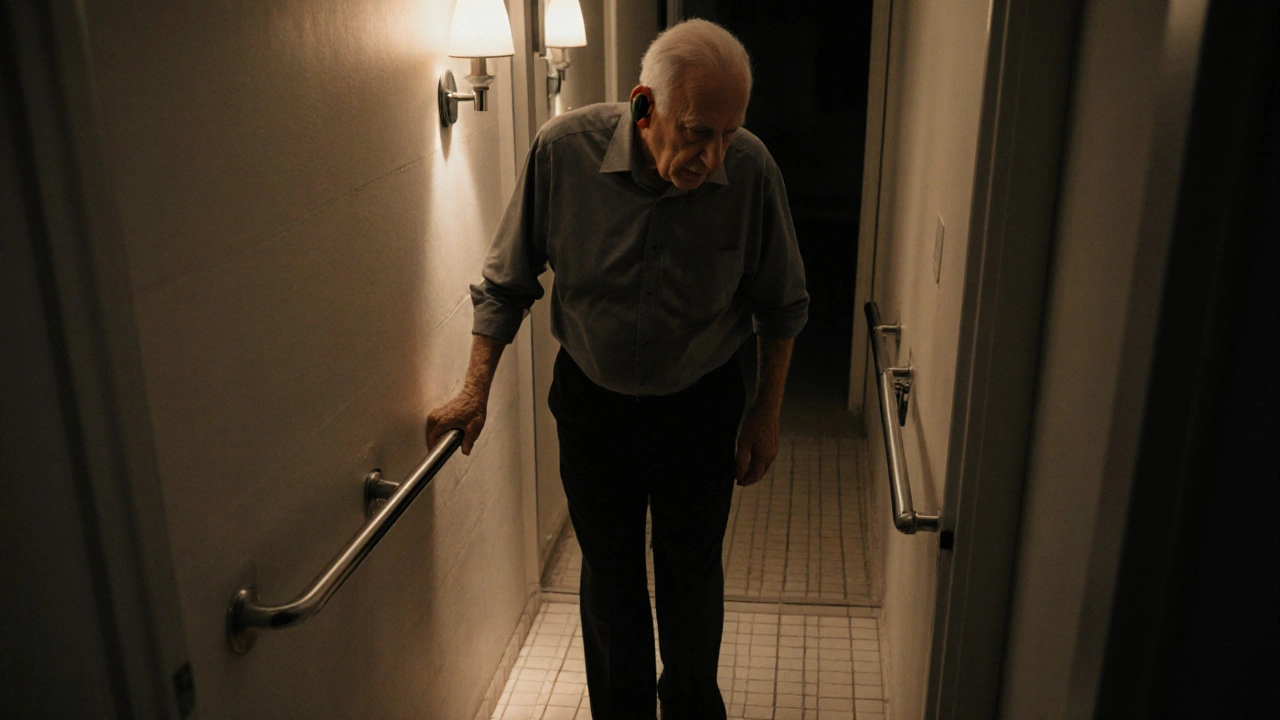 Elderly man using a grab bar in a bathroom, wearing a hearing aid, showing balance difficulty.