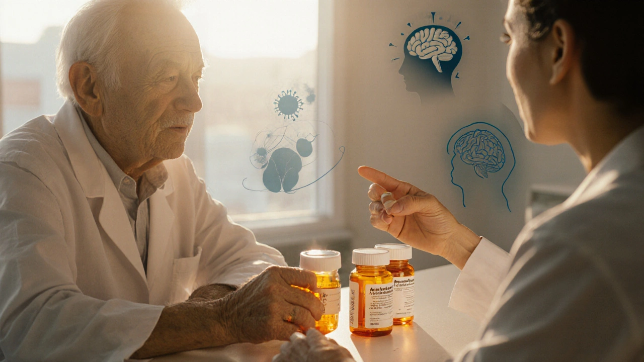 Elderly patient and pharmacist discussing amantadine with flu virus and brain silhouettes in background.
