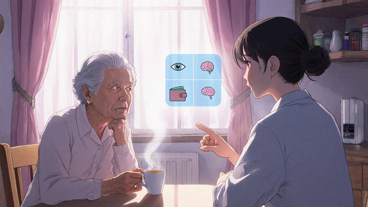Elderly woman and doctor discussing medication options over tea at a kitchen table.