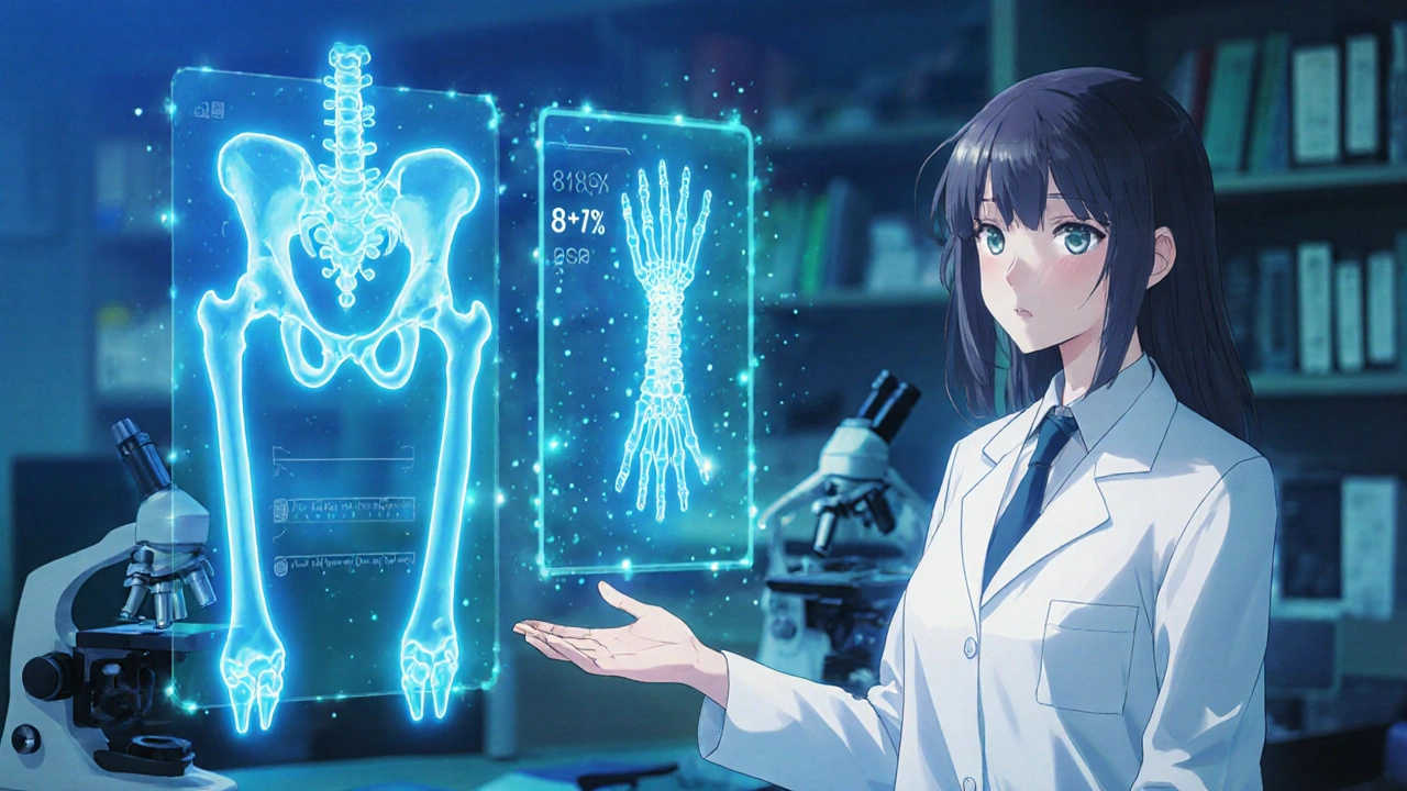 Female researcher points at glowing holographic bone models with risk numbers.