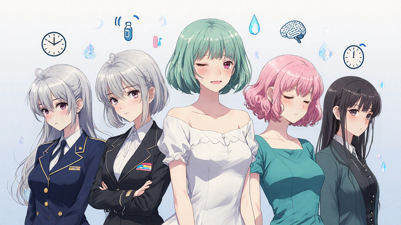 Five young women representing different anticholinergic drugs standing in a line.