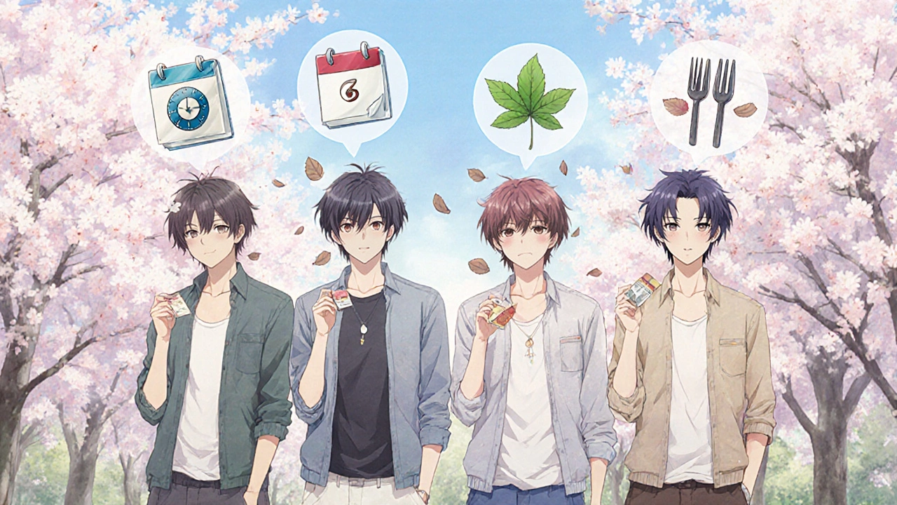 Four men in a park holding different ED treatments with symbolic icons floating above them.