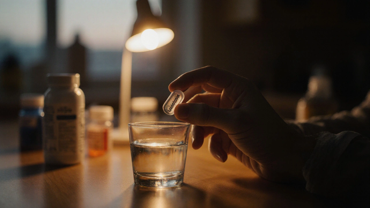 Hand holding a lamotrigine pill over a glass of water with blurred alternative pills behind.