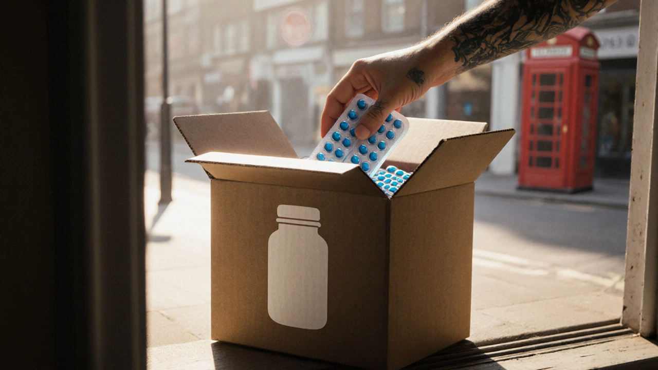 Hand opening a delivery box revealing generic Lexapro tablets on a doorstep.