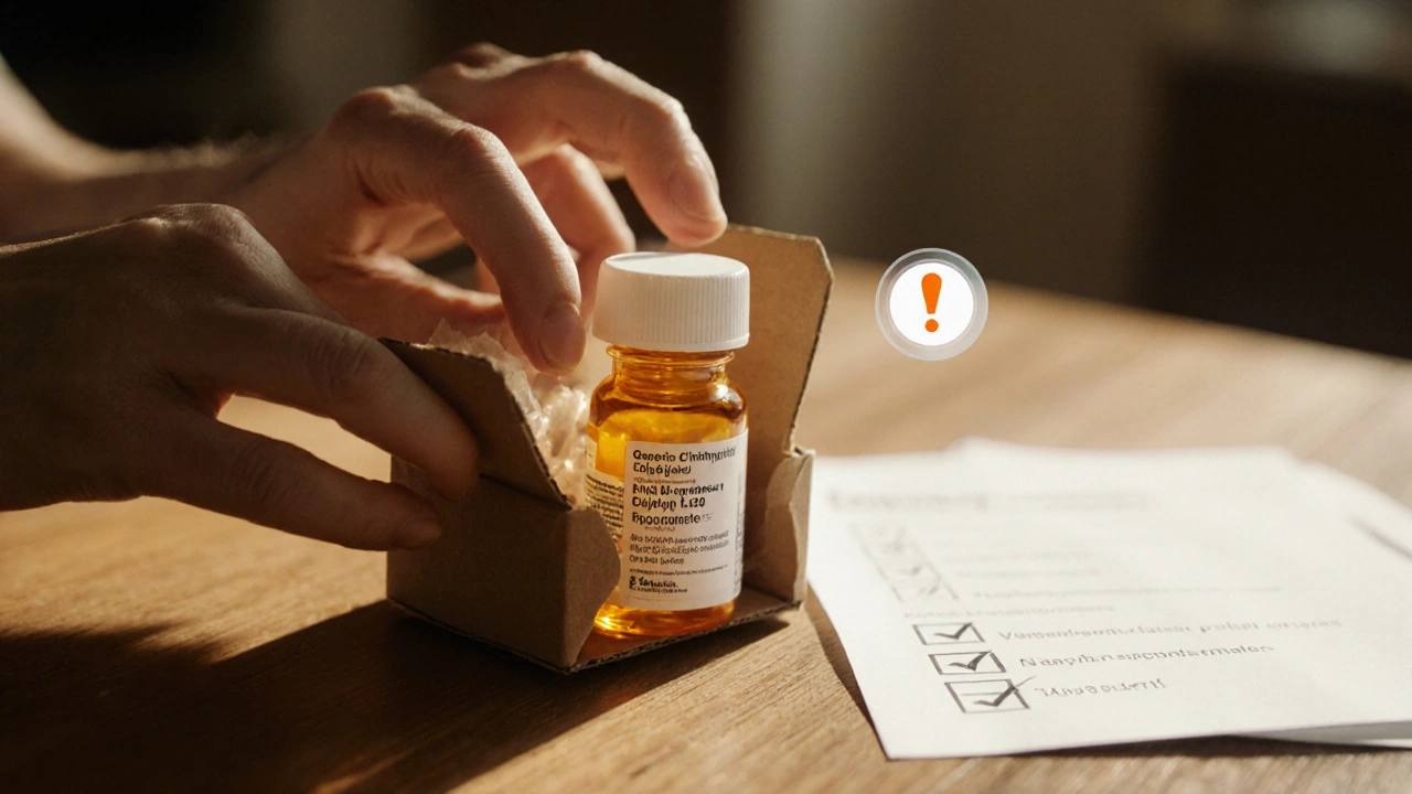 Hand opening a parcel, revealing a clindamycin bottle with a safety warning icon.