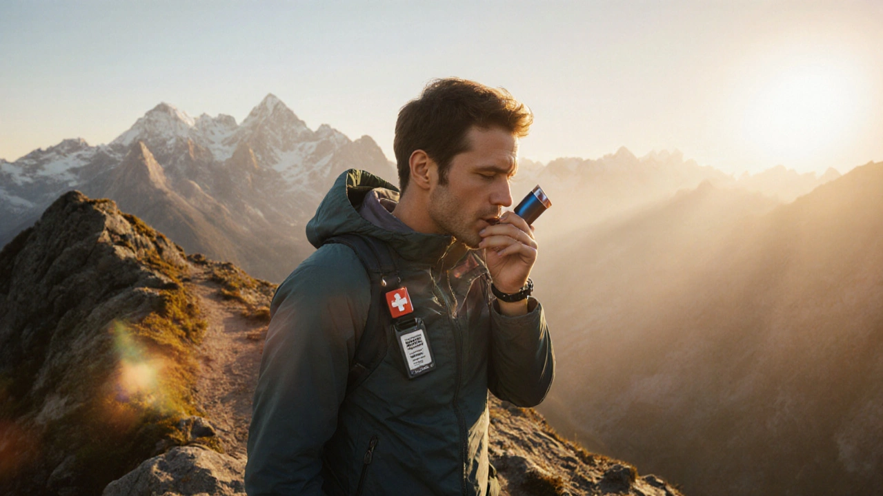 Hiker on mountain trail using pursed‑lip breathing, inhaler pocket visible.