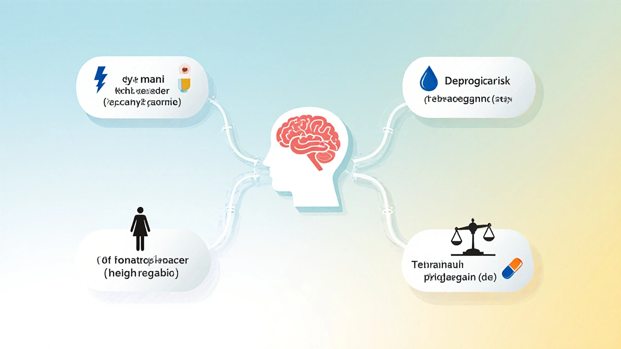 Illustrated decision tree with icons for mania control, depression focus, pregnancy risk, and weight impact.