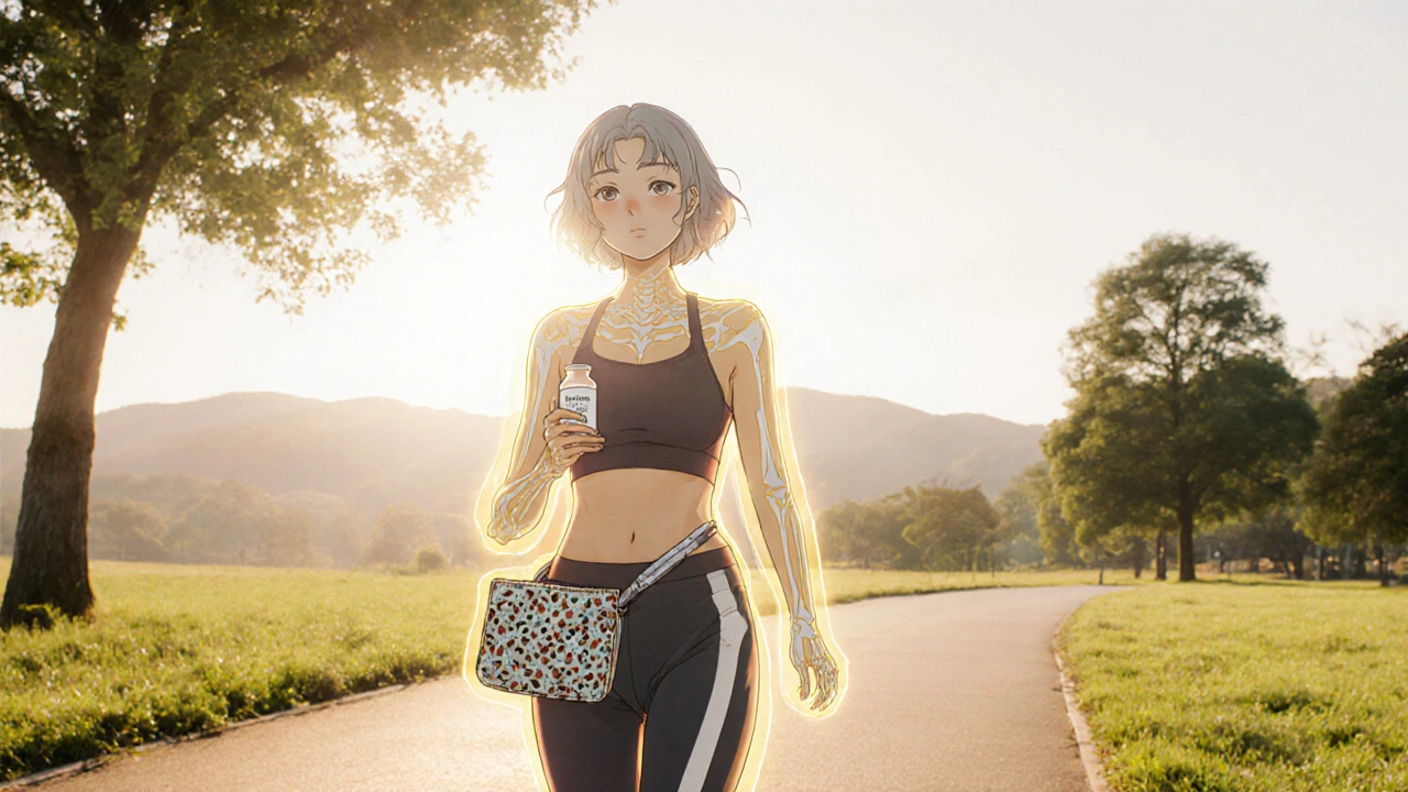 Mature woman walking in a park, carrying calcium supplement, with glowing bones.