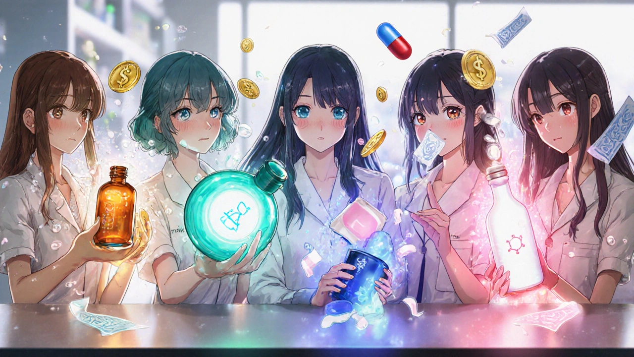 Multiple characters each representing a different acne treatment product.