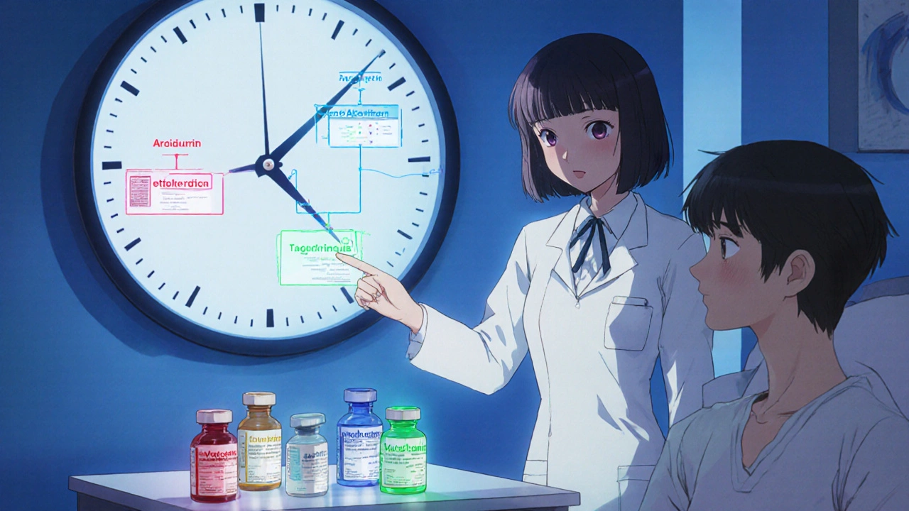 Nurse guides patient with labeled high‑alert meds and a clock showing half‑interval timing.