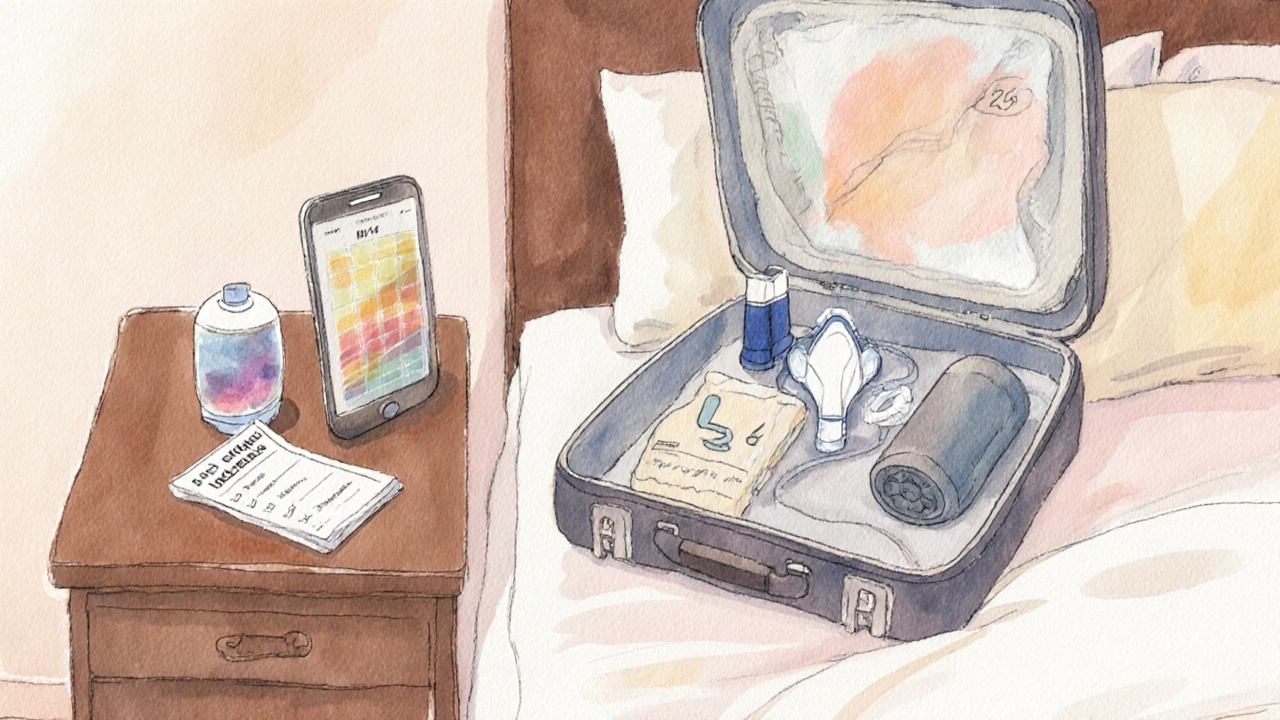 Open suitcase with inhalers, spacer, mask, and humidifier neatly packed.