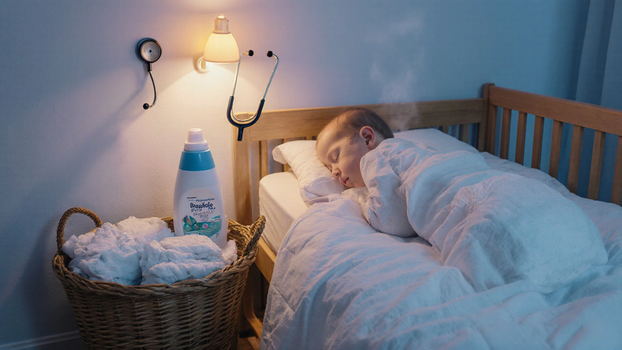 Pastel nursery showing sleeping baby in breathable diaper with humidifier and cloth diapers.