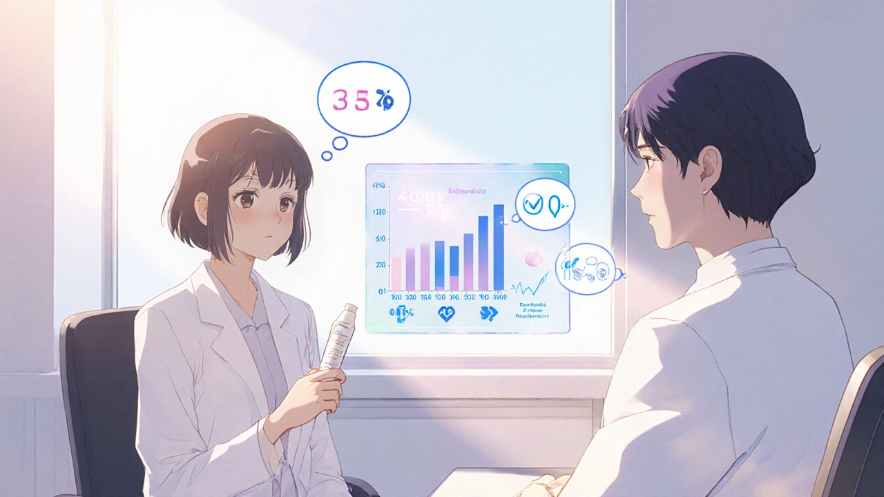 Patient consulting dermatologist with holographic efficacy chart and decision icons.