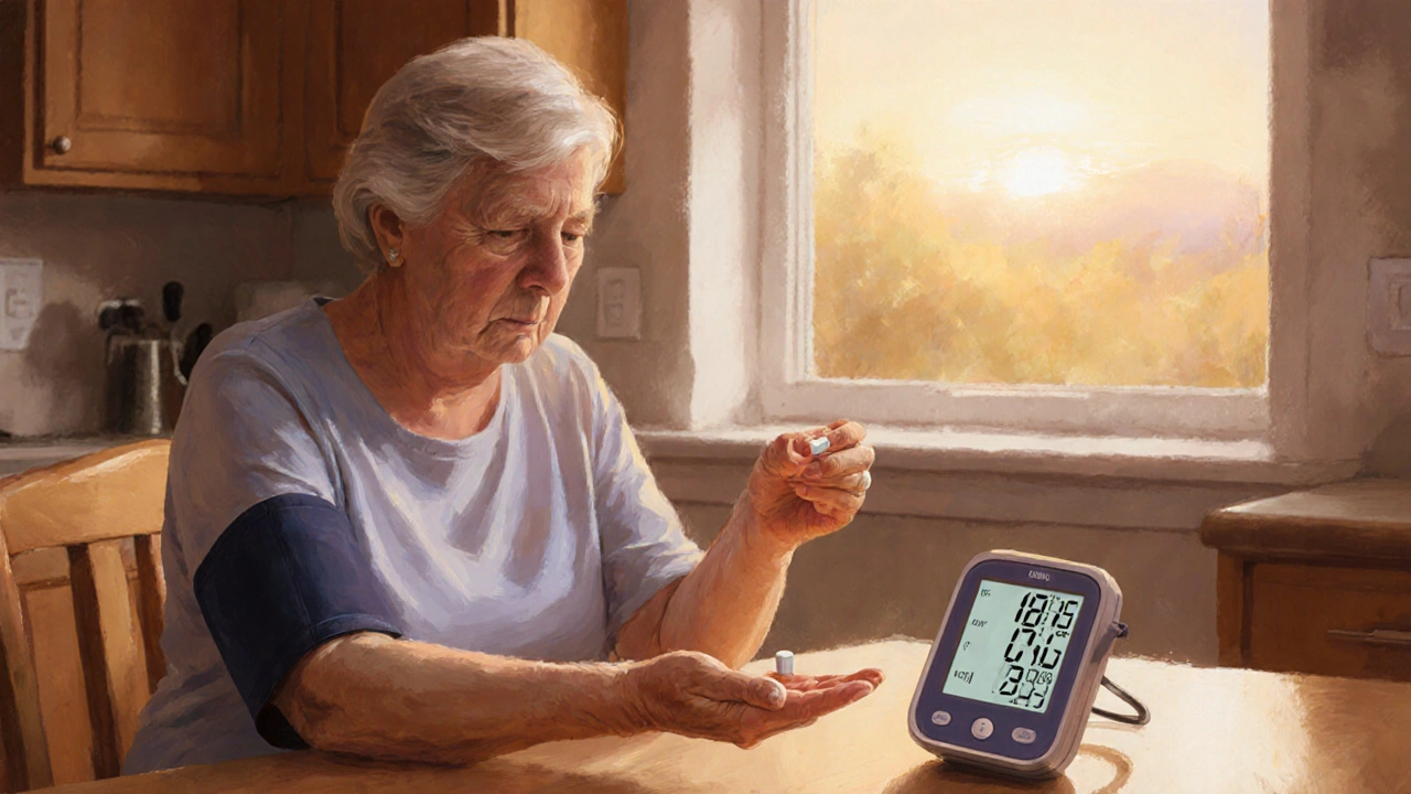 Person at kitchen table taking a pill while checking blood pressure, sunrise light outside.