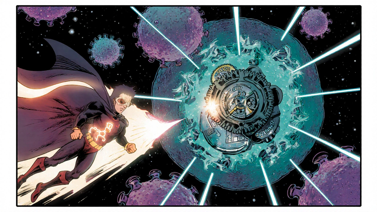 Rabeprazole hero disabling a glowing proton pump inside a stomach cell with dramatic lighting.