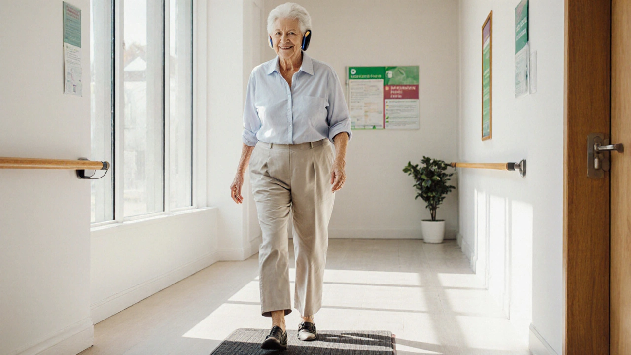 Senior woman walking safely in a bright hallway with hearing aid and home safety features.