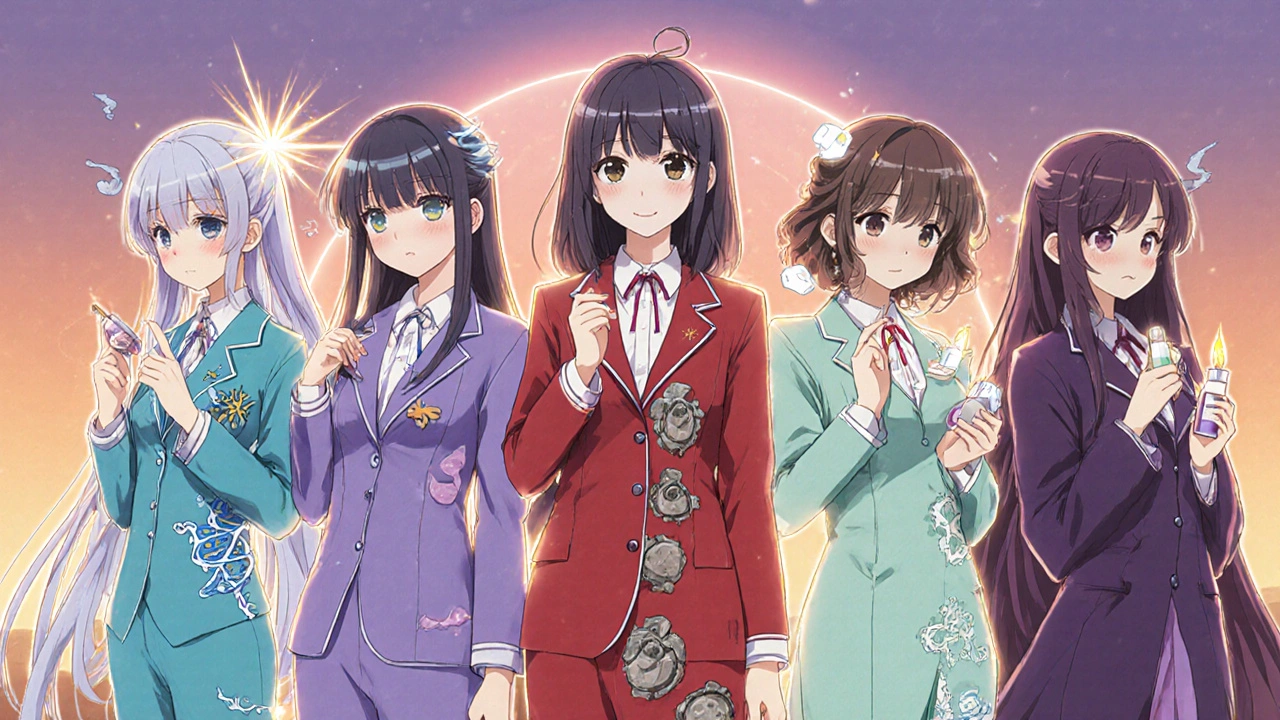 Six elegant characters each representing a different epilepsy drug, arranged in a semi‑circle.