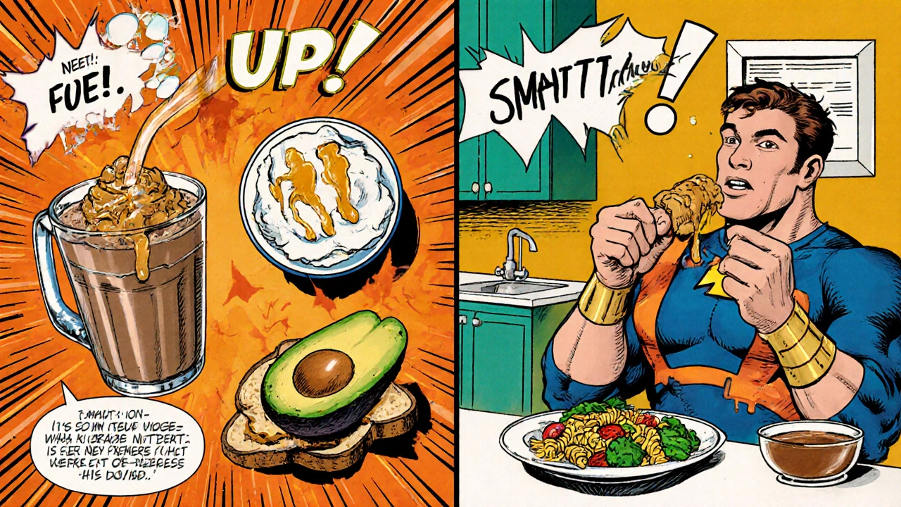 Split comic panel showing high‑calorie foods versus balanced meals for weight control.