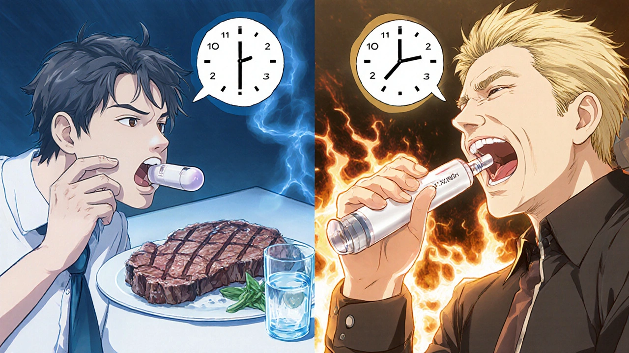 Split scene comparing slow Viagra pill intake with fast Levitra Jelly use, showing time differences.