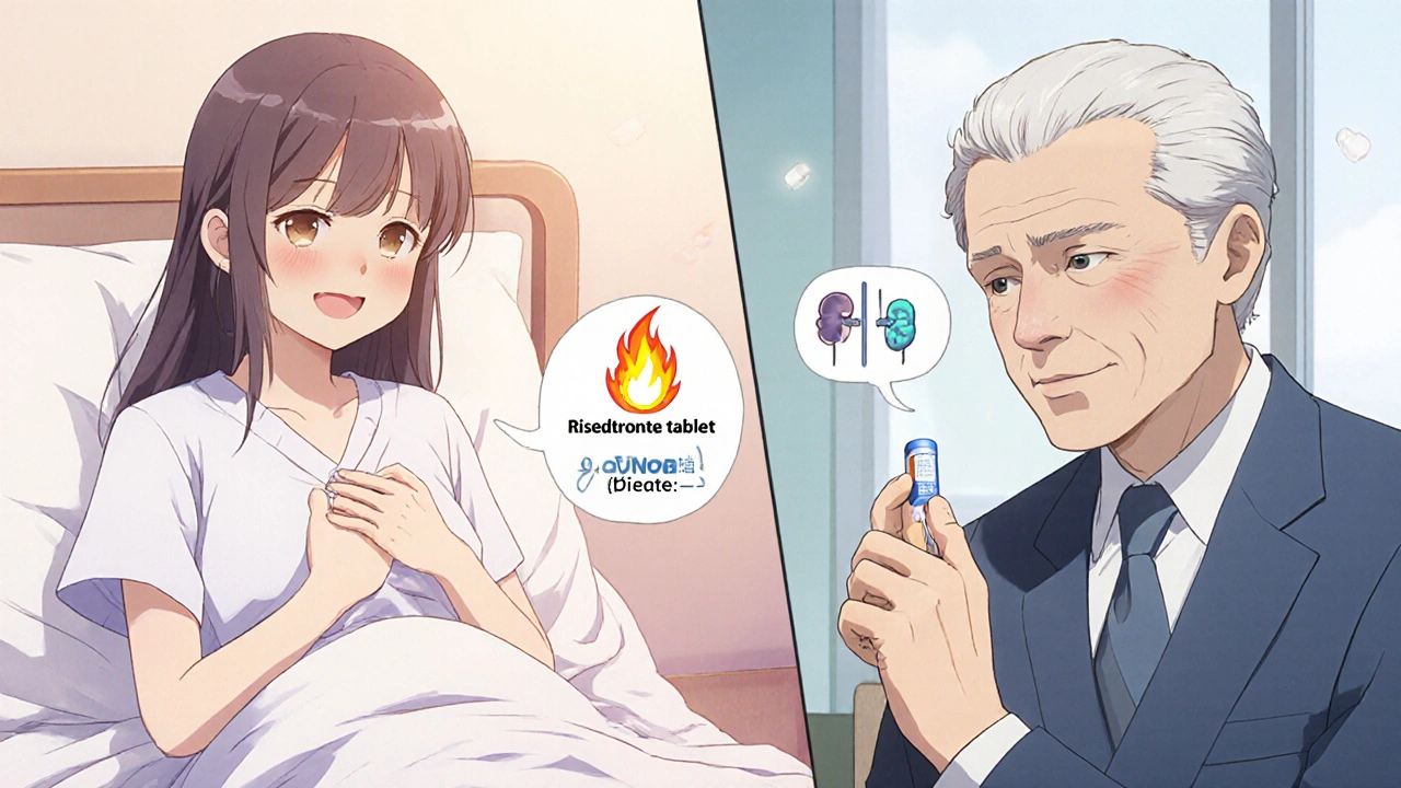 Split scene: woman with heartburn from alendronate switches to risedronate; older man with kidney concerns takes Didronel.