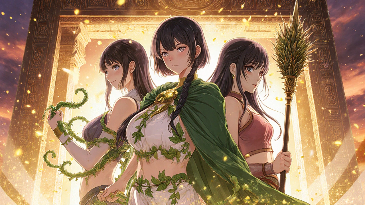 Three mystical girls representing Shatavari, Indian Sarsaparilla, and Tribulus in a glowing temple.