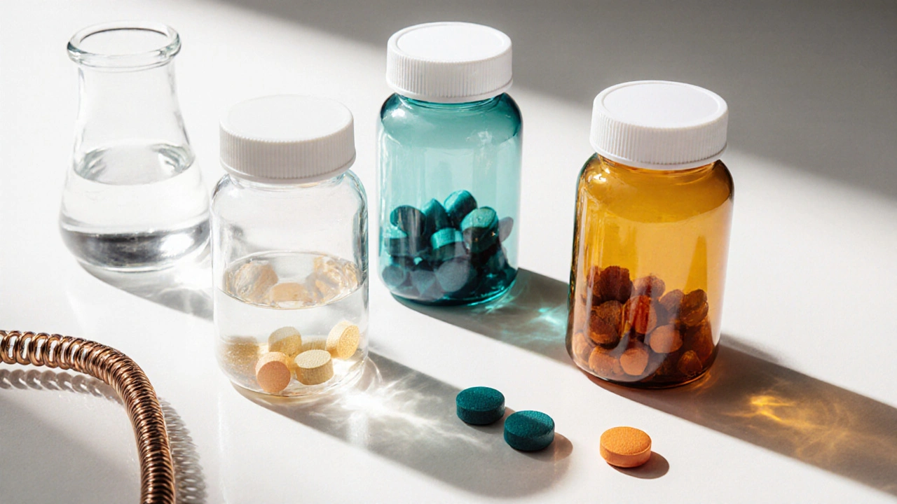 Three pill bottles with different colored tablets on a white countertop, surrounded by medical props.