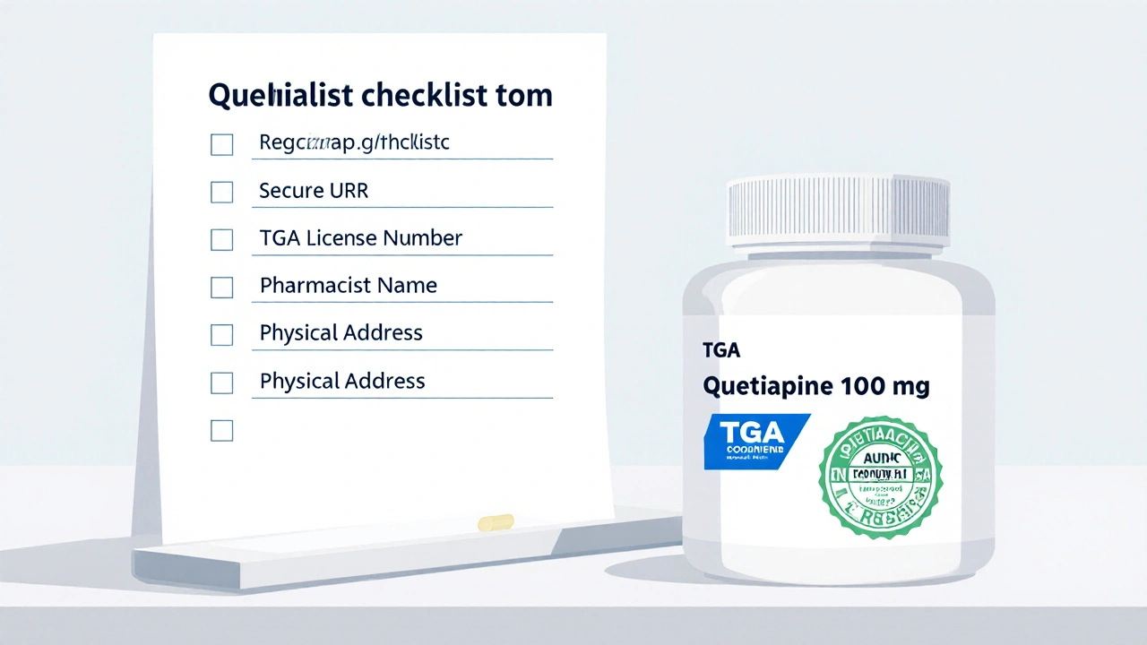 Verified pill bottle with batch number and TGA compliance seal on a checklist.