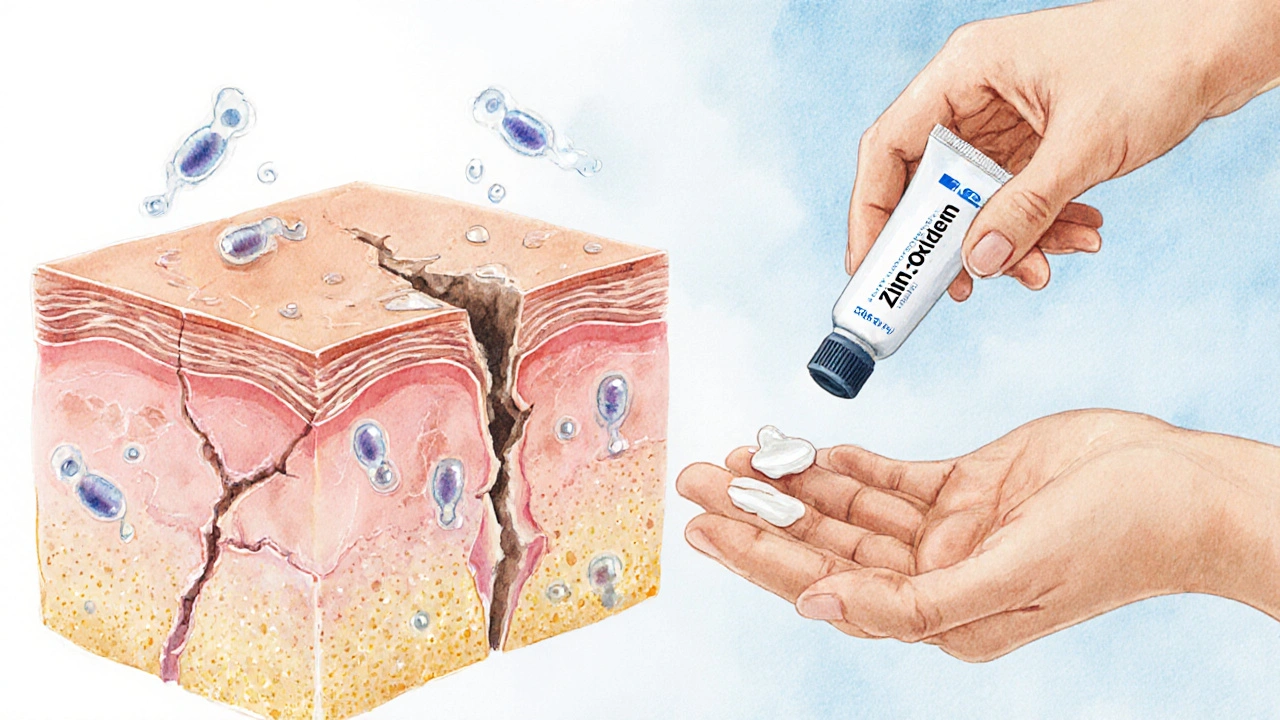 Watercolor of compromised skin barrier with moisture, microbes, and cream application.