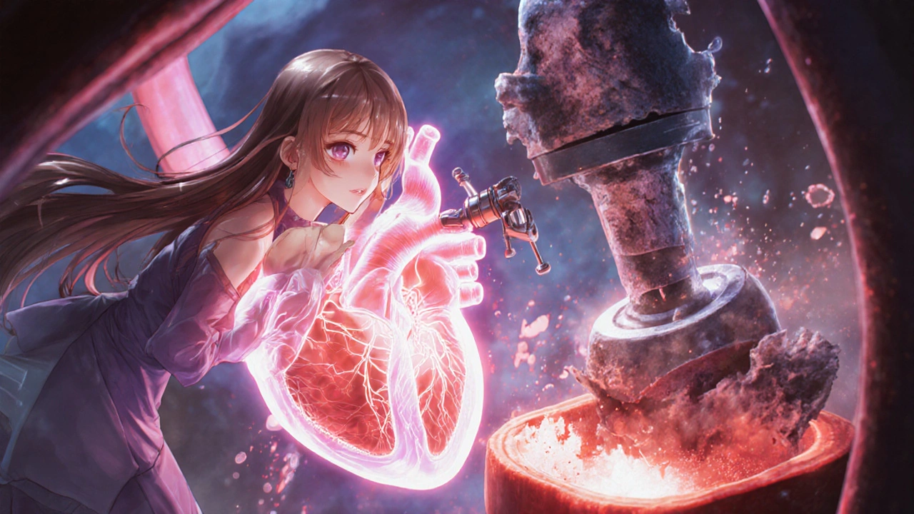 A futuristic female surgeon guiding a valve device through a glowing artery inside a translucent heart.
