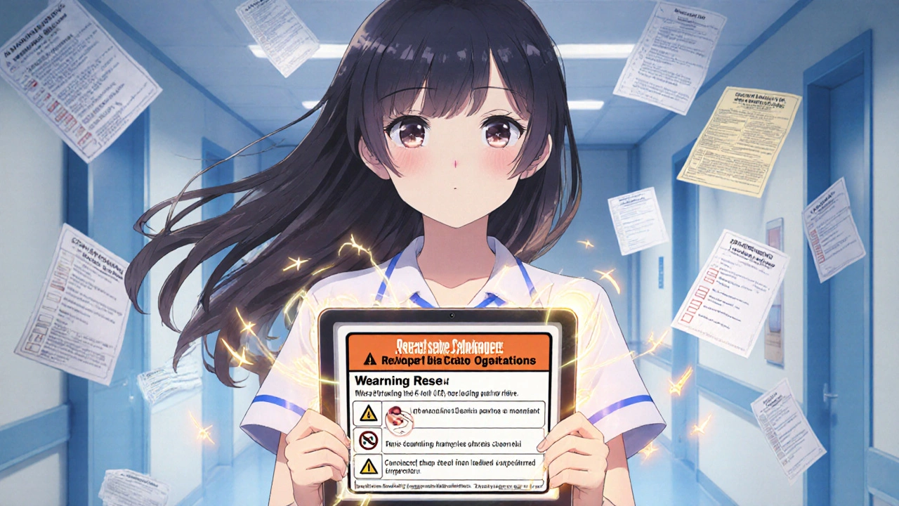 A girl holding a tablet showing updated FDA label warnings with a glowing boxed warning around her.