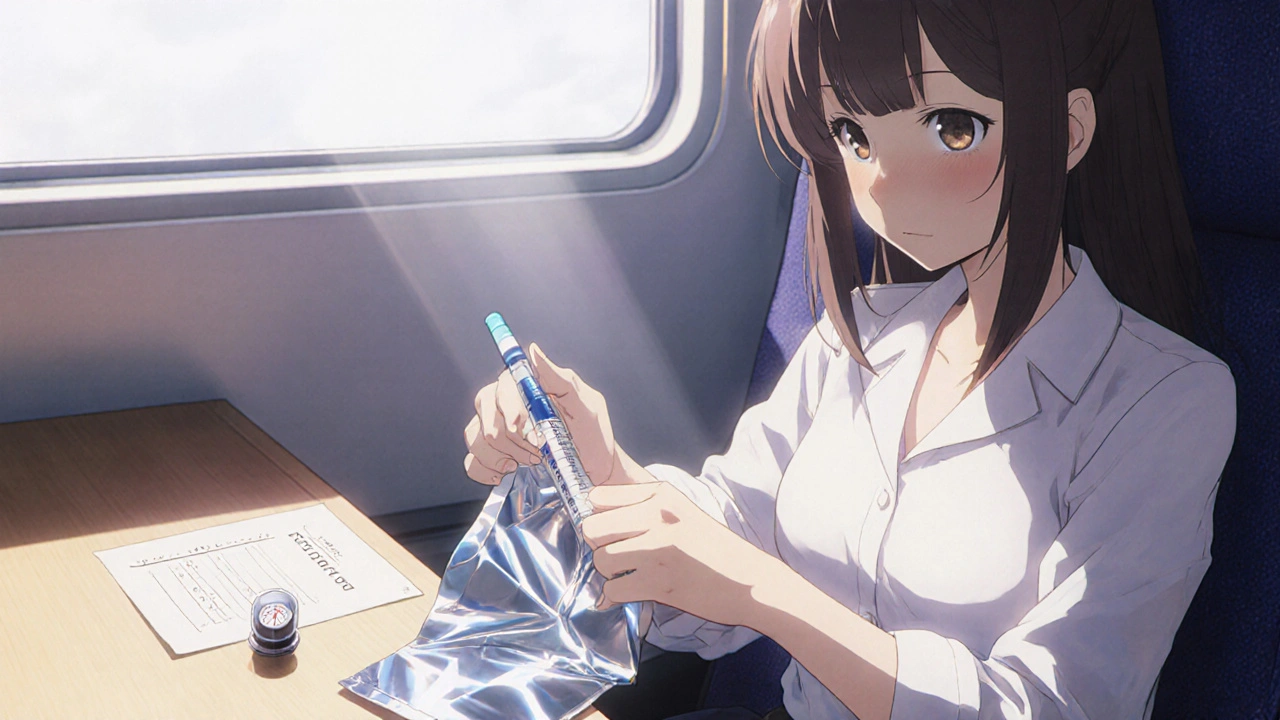 A girl wrapping insulin in a UV-blocking pouch on a train.