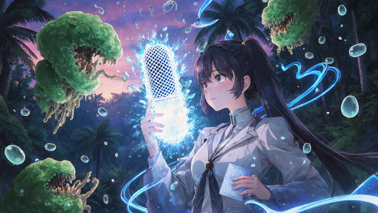 A glowing protective coating shields a pill from moisture demons, set in a tropical rainforest at dusk with neon humidity lines.