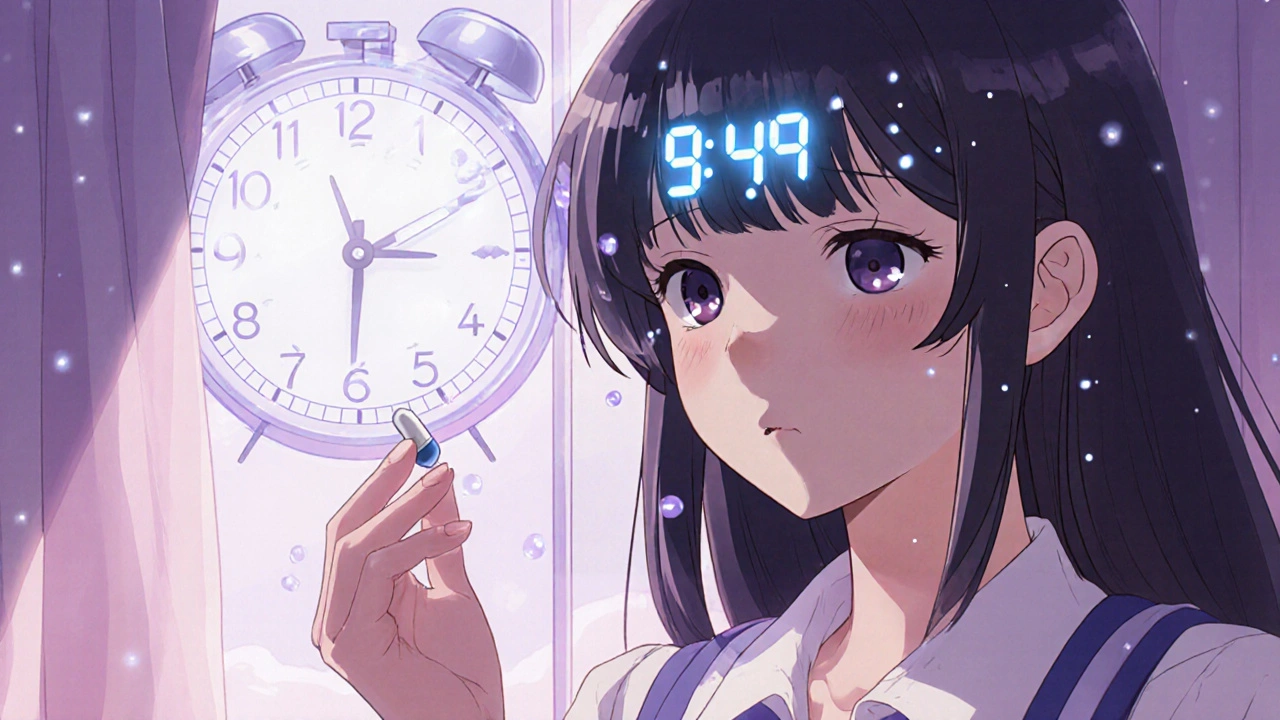 A hand holding an immediate-release melatonin tablet beside a glowing clock, with sunlight syncing to a circadian rhythm visual.