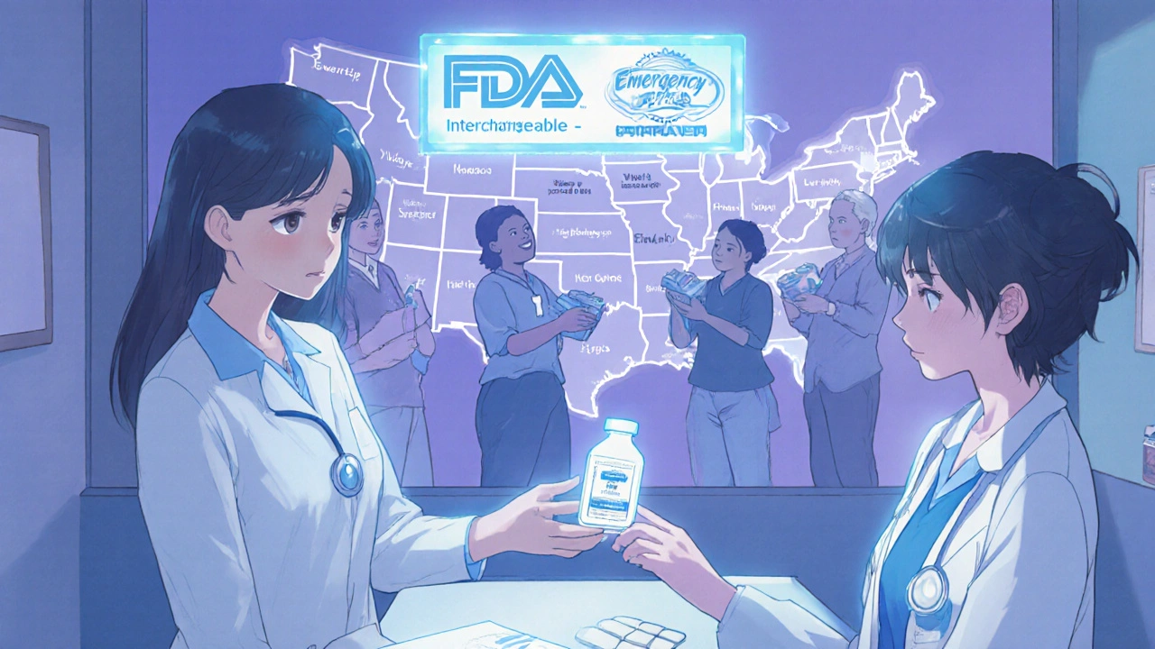 A patient receiving liquid medication from a doctor as a holographic FDA interchangeability label glows above them in a clinic.