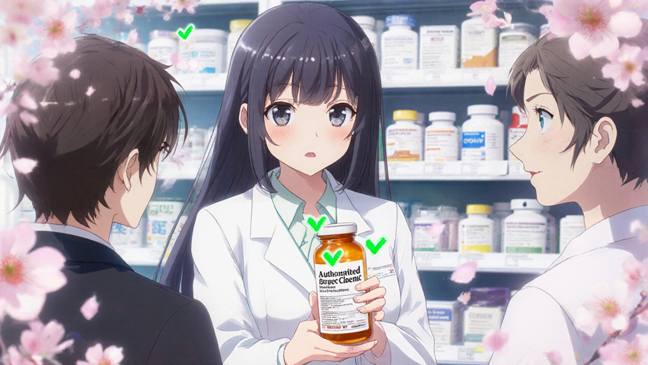 A pharmacist hands an authorized generic prescription to a patient, with glowing medical symbols in the background.