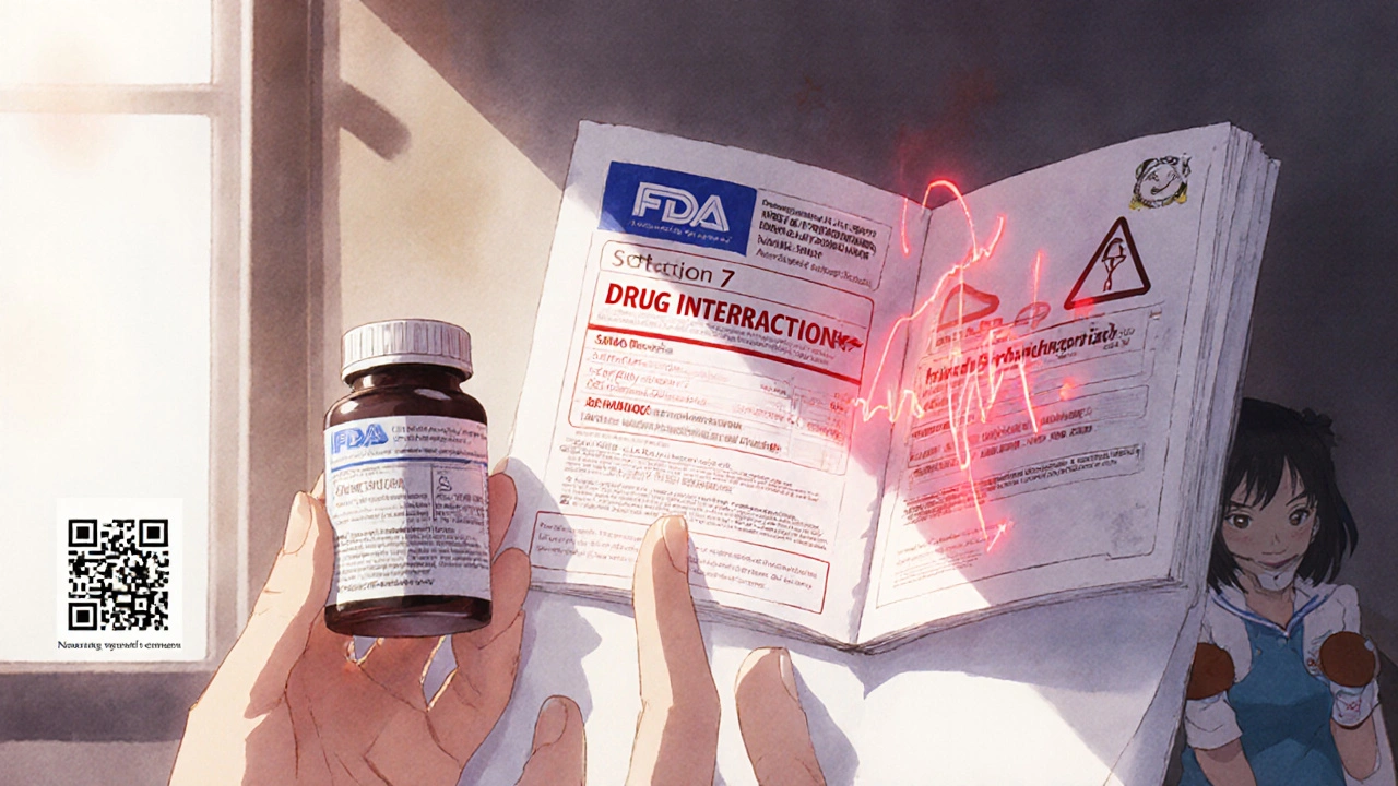 A pharmacist placing a pill bottle beside a floating FDA label with drug interactions glowing in red.