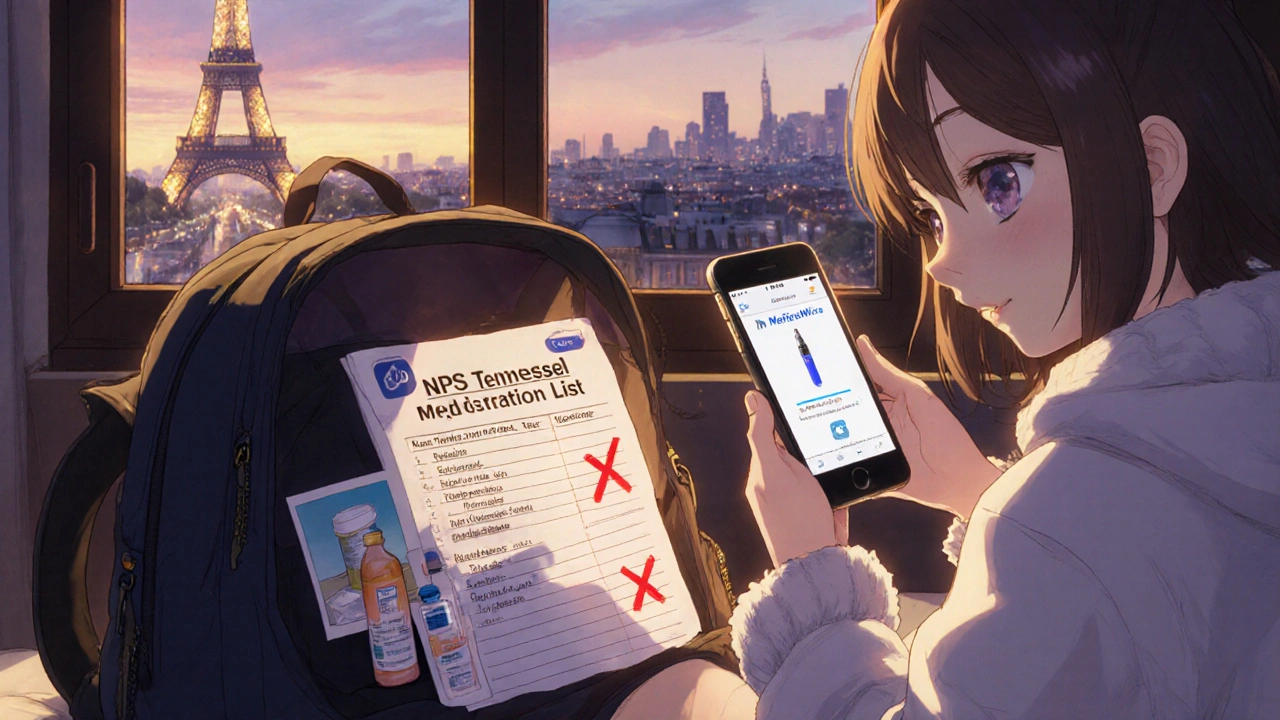 A traveler’s backpack in Paris displays a printed medication list, pill photos, and a phone with the MedicineWise app open.